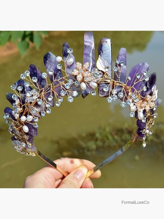 Raw Crystal Amethyst Headband with Pearl Flower Bridal Tiara Crown Headpiece main image 6